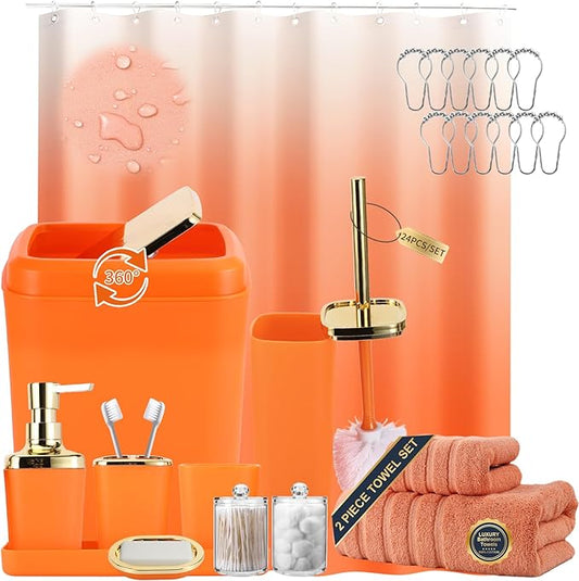 XLHOMO Orange Bathroom Accessories, 24 Pieces Orange and Gold Bathroom Accessories Set with Shower Curtain, Bath Towels, Trash Can, Soap Dispenser and Soap Dish for Bathroom/Housewarming