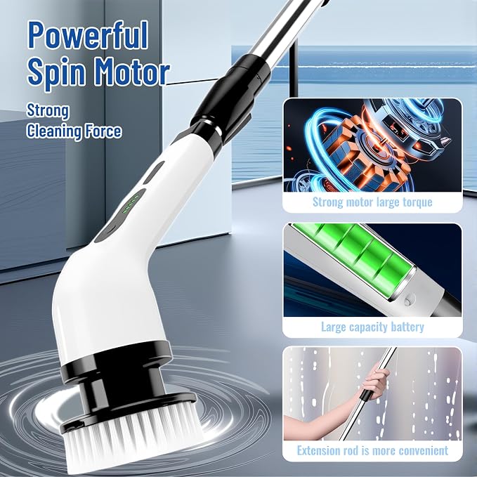 Electric Spin Scrubber, Cordless Cleaning Brush Scrubber with 12 Replaceable Brush Heads, 360 Power Scrubber Dual Speed with Adjustable & Detachable Handle for Bathroom Kitchen Car (White)