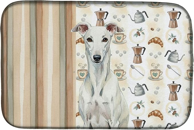 Caroline's Treasures White Greyhound Coffee Bar Dish Drying Mat Absorbent Dish Drying Mat Pad for Kitchen Counter Dish Drainer Mat for Countertop, 14 x 21", Multicolor