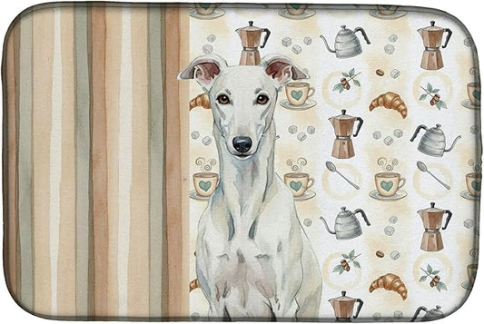 Caroline's Treasures White Greyhound Coffee Bar Dish Drying Mat Absorbent Dish Drying Mat Pad for Kitchen Counter Dish Drainer Mat for Countertop, 14 x 21", Multicolor