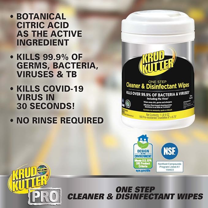 Krud Kutter Pro 367508 One Step Cleaner & Disinfectant Wipes, 160 Wipes (Pack of 2)