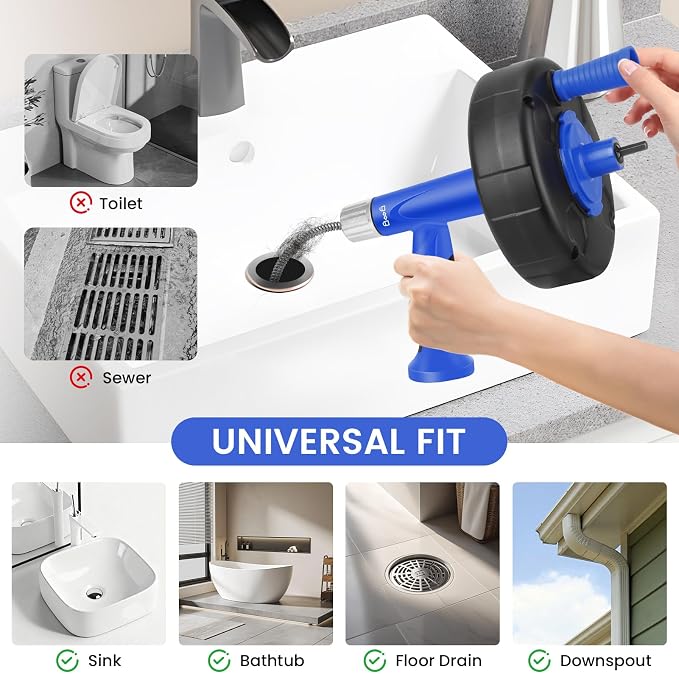 XJX Drain Auger, Plumbing Snake with Drill Adapter, 25FT Flexible Steel Drain Clog Remover, Manual or Powered for Kitchen, Bathroom & Shower Sink, with Gloves and Storage Bag