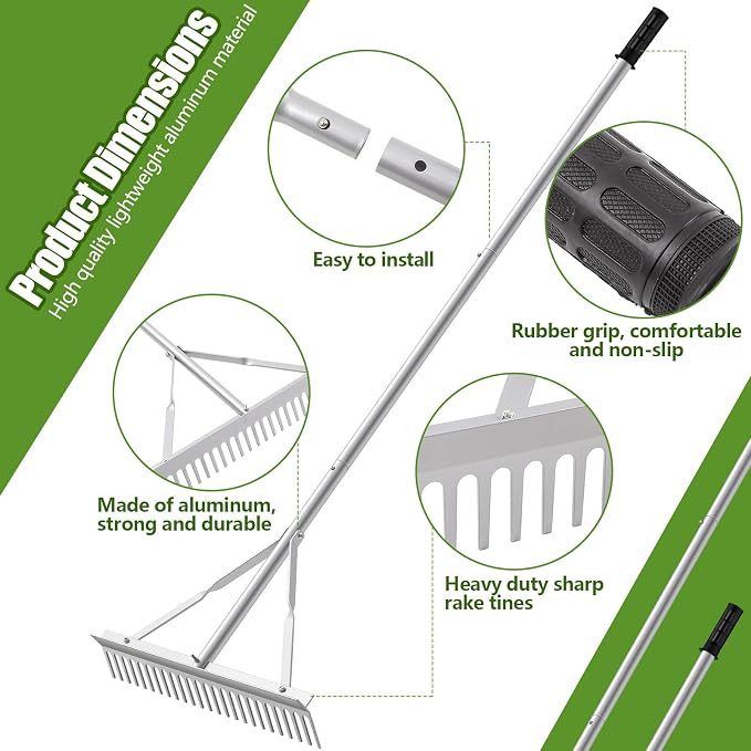 Qinyoung Aluminum Maintenance Rake 24 Inch Baseball Field Garden Landscape Rake with 66''-98'' Adjustable Handle for Yard Lawns Lake Weed Care Gardening Loosening Soil