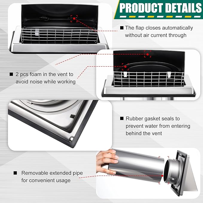 4 Inch Dryer Vent Cover Outside with Stainless Steel Guard Outdoor Wall Dryer Exhaust Vent Cover Shroud Hood Cushioned Non Return Flap with Sealing Gasket(square, with Extension Tube)