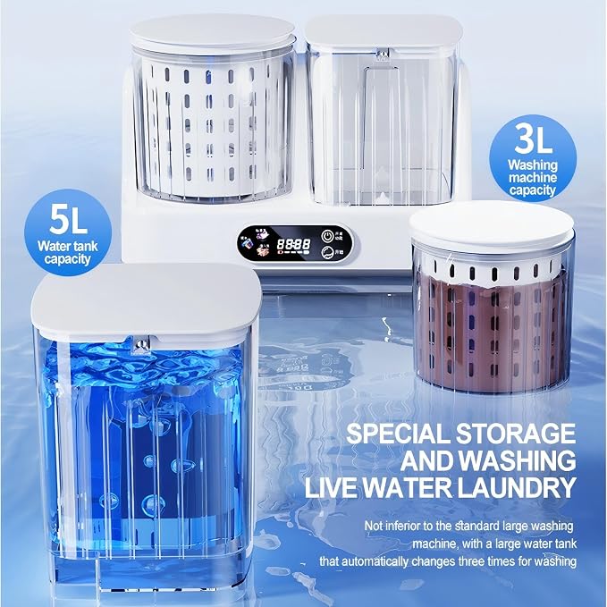Automatic Underwear Washing Machine with 8000mAh Battery, 3L Portable Mini Washing Machine and Spin Dryer for Underwear, Socks, Baby Clothes, Travel Laundry Machine with Auto Water Supply & Drainage