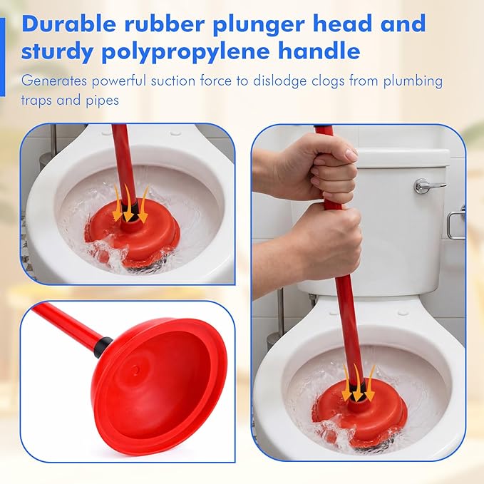 Reallnaive 24 Pack Toilet Plungers Bulk with 19.7 Inch Long Handle Force Suction Cup Rubber Plunger for Bathroom to Fix Clogged Toilets Drains (Red)