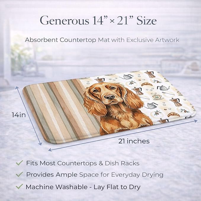Caroline's Treasures Sussex Spaniel Coffee Bar Dish Drying Mat Absorbent Dish Drying Mat Pad for Kitchen Counter Dish Drainer Mat for Countertop, 14 x 21", Multicolor