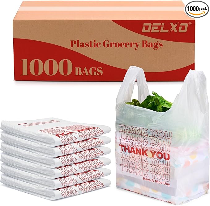 Delxo Grocery Bags Thank You Plastic T-Shirt Bag (1000 Count), White Supermarket Shopping Bags with Handles for Restaurant, Retail, To Go, Takeout, Convenience Stores 11.5 x 6.5 x 21 In