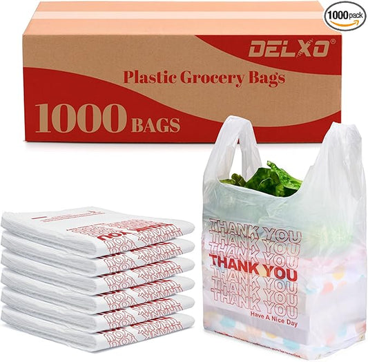 Delxo Grocery Bags Thank You Plastic T-Shirt Bag (1000 Count), White Supermarket Shopping Bags with Handles for Restaurant, Retail, To Go, Takeout, Convenience Stores 11.5 x 6.5 x 21 In
