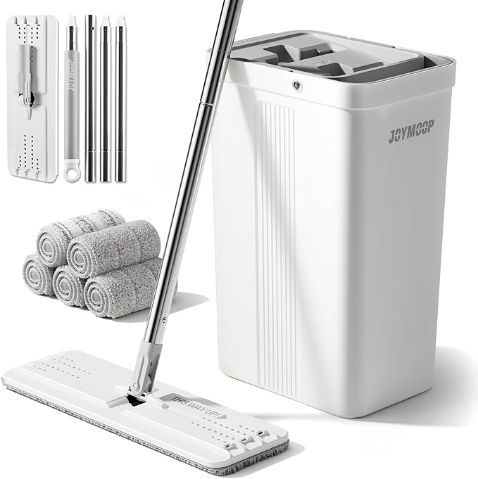 JOYMOOP Mops and Bucket with Wringer Set with 50" Mop Handle with Flexible 13" Flat Head with Flat Mop