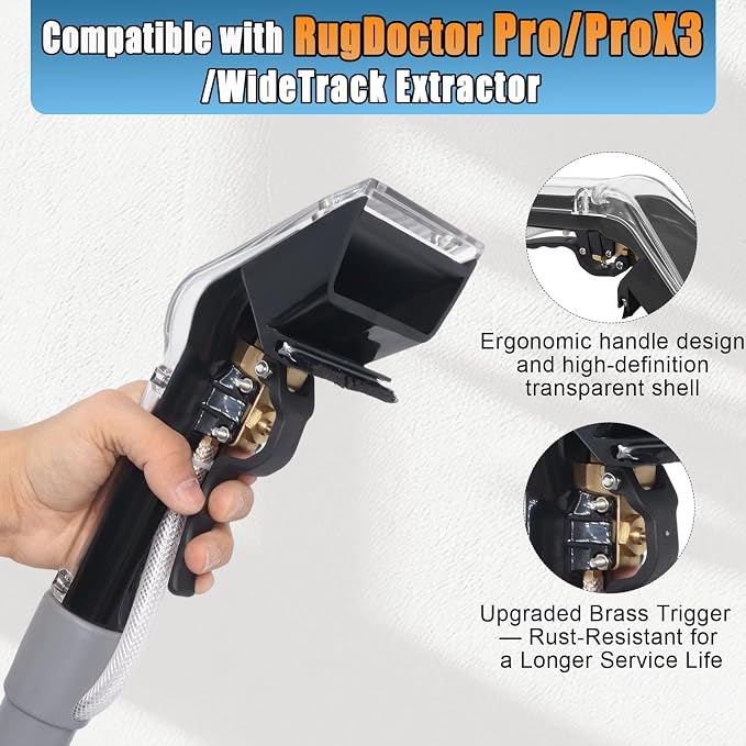 Extractor Attachment Compatible with Rug Doctor Mighty Pro, X3, Wide Track Carpet Cleaner, Durable Brass Trigger, 12ft Hose, Suitable for Carpets, Car Interiors & Mattresses