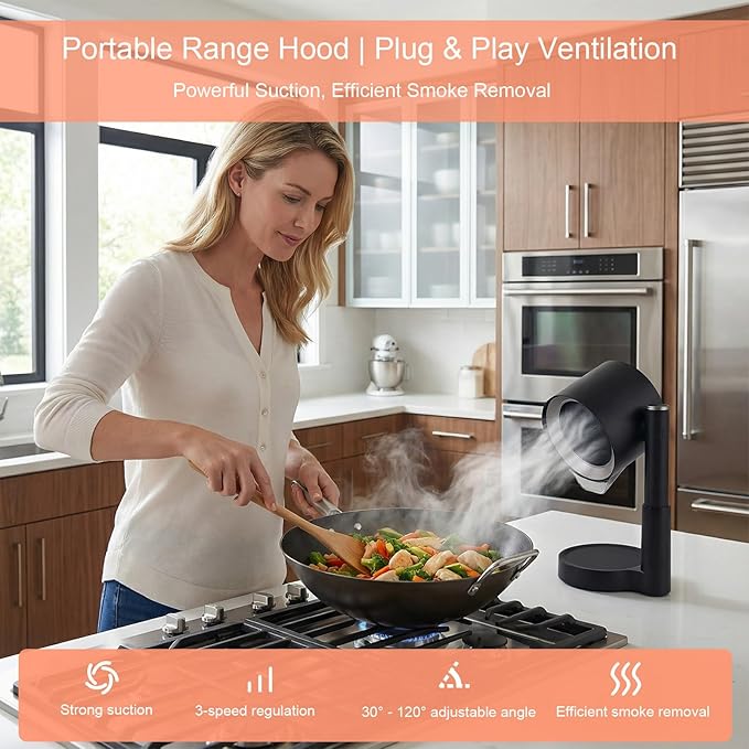 Portable Range Hood 2026 Upgrade, 3 Speed Low Noise Desktop Exhaust Fan, Detachable Aluminum Grease Filter & Oil Cup, Telescoping Compact Ductless Vent for Indoor Outdoor BBQ Hot Pot RV Cooking