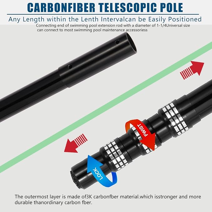 Swimming Pool Pole Carbon Fiber, 4-Section Telescopic 15 Foot, Lightweight and Easy to Grip Adjustable Cleaning Pole, Used for Pool Cleaning, Connected to Fishing net, rake, Brush