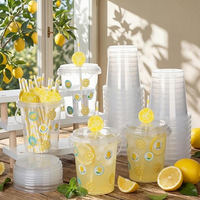 30 Sets 34 oz Large Lemon Plastic Cups with Lids Straws Stickers Lemonade Cups Yellow Cold Beverage Drinking Containers for Lemonade Bar Supplies Stand Supplies Birthday Party Decoration