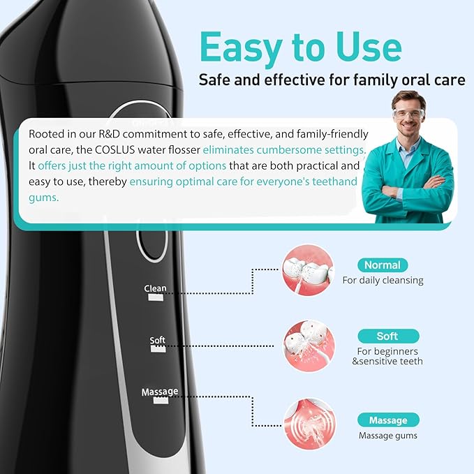 COSLUS Water Dental Flosser Teeth Pick C20: Portable Cordless Oral Irrigator 300ML Rechargeable Travel Irrigation Cleaner IPX7 Waterproof Electric Flossing Machine for Teeth Cleaning, Black
