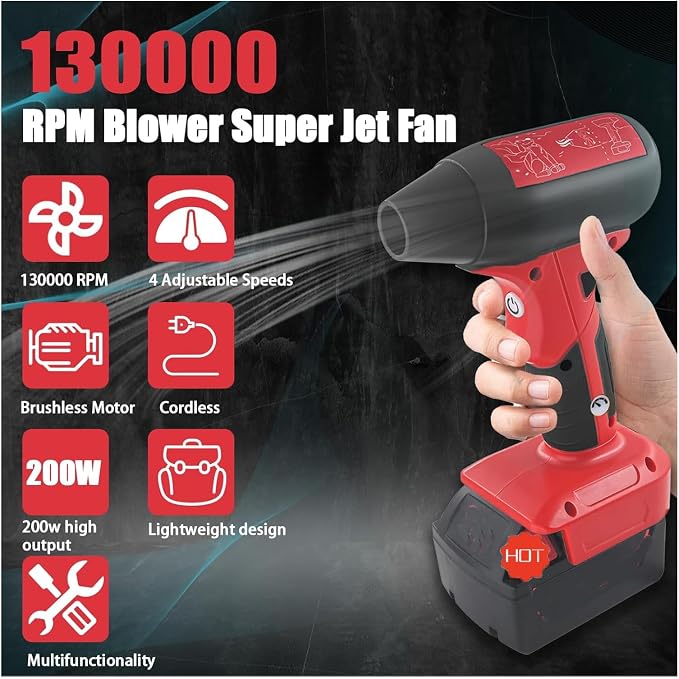 Jet Fan Mini Blower，130000 RPM Cordless Air Duster Comaptible with Milwaukee M18 18V Batteries with 4-Speed Control for Car Dust Cleaning, Outdoors BBQ Leaf Cleaning, Sofa's Pet Hair Cleaning