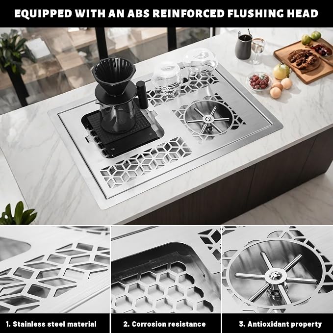 Glass Rinser, Stainless Automatic Glass Cup Washer Drain and Drip Tray,Stainless Steel Bar Glass Rinser for Home Kitchen Hotel Cafe Restaurant (19.37x14.17 Inch-silver)