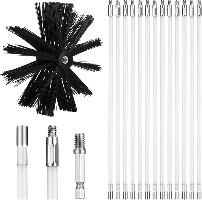 Teenyyou Wire Chimney Cleaning Brush with 1/4" Npt Fitting and 12 Rods, 6 Inch Round Steel Chimney Cleaning Brush and 16 Inch Fiberglass Rods for Hearth Fireplace (Split Type)