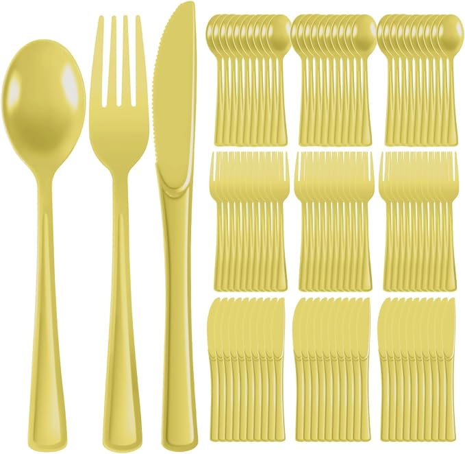 Plastic Silverware 150 PCS Disposable Silverware Heavy Duty Utensil Sets 50 Of Each Forks Knives & Spoons Disposable Cutlery Set For Easter,Birthday,Baby Shower,Garden Party,Wedding(150,Light Yellow)
