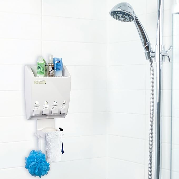 Better Living Ulti-Mate Shower Dispenser Caddy 4, Wall Mount Shower Soap Dispenser for Bathroom, Shelf, Built-in Hooks & Soap Dish, No Drill, Shampoo and Soap Dispenser, 4 x 14.5 oz, White