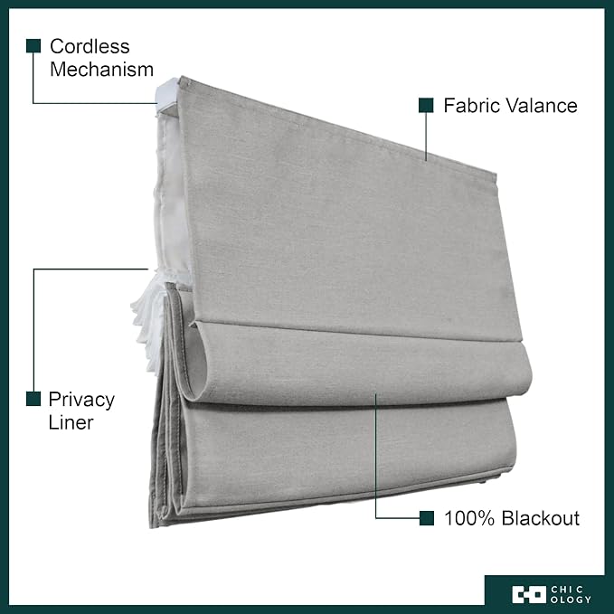 Chicology Cordless Roman Window Shade, Del Mar Pearl Grey, 34" W x 64" H | Cordless Child-Safe, Room Darkening UV, Inside/Outside Mount, True-to-Size No Cut, Rich Textured Fabric, Spot-Clean Care Only