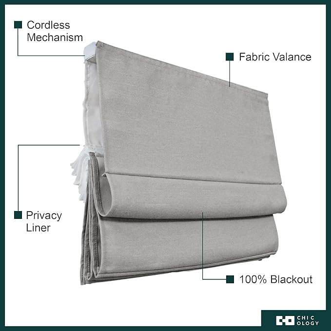 Chicology Cordless Roman Window Shade, Del Mar Pearl Grey, 33" W x 64" H | Cordless Child-Safe, Room Darkening UV, Inside/Outside Mount, True-to-Size No Cut, Rich Textured Fabric, Spot-Clean Care Only