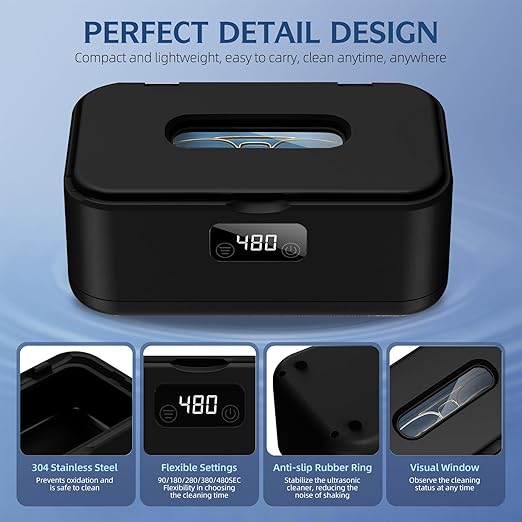 Ultrasonic Jewelry Cleaner, 50Khz Jewelry Cleaner Ultrasonic Machine for Jewelry, Eyeglasses, Rings, Watch Strap, Dentures, 24oz - 304 Stainless Steel Tank, Digital Timer, 5 Cleaning Modes(Black)