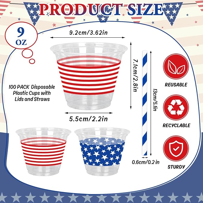 Whaline 100 Pcs 9Oz Patriotic Disposable Plastic Cups with Lids and Straws Red Blue 4th of July Star Stripe Cold Beverage Drinking Cups for Independence Day 250th Anniversary Party Supplies