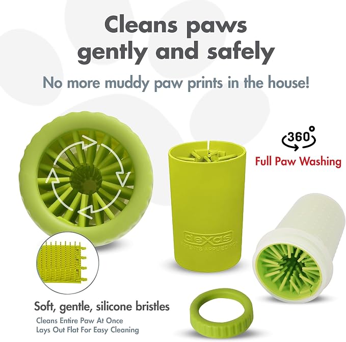 Dexas MudBuster Small Dog Paw Cleaner, Green, For Paws up to 2 inches Wide, Gentle Silicone Bristles for Quick, Easy Cleaning