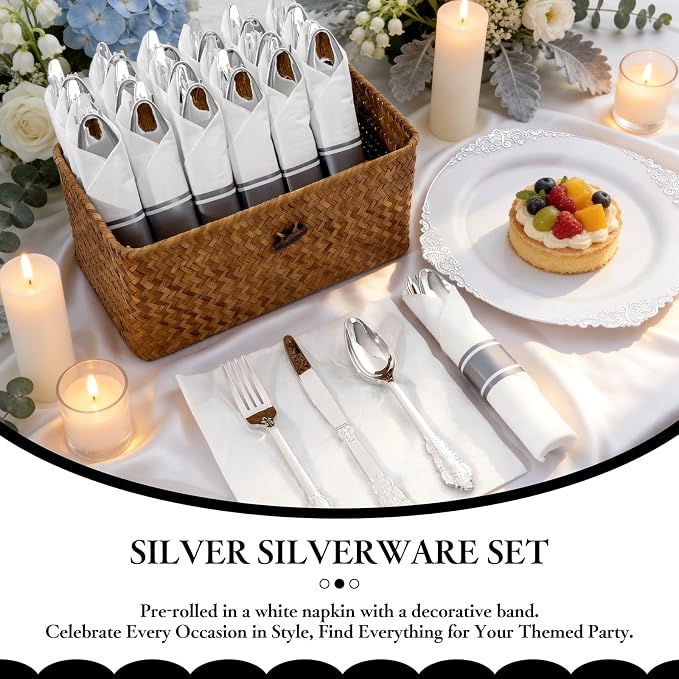 400PCS Pre Rolled Silver Plastic Silverware Sets - Heavy Duty Fancy Silver Cutlery - Include 100 Pack Wrapped Disposable Utensils with Napkins for Parties, Dinners & Weddings