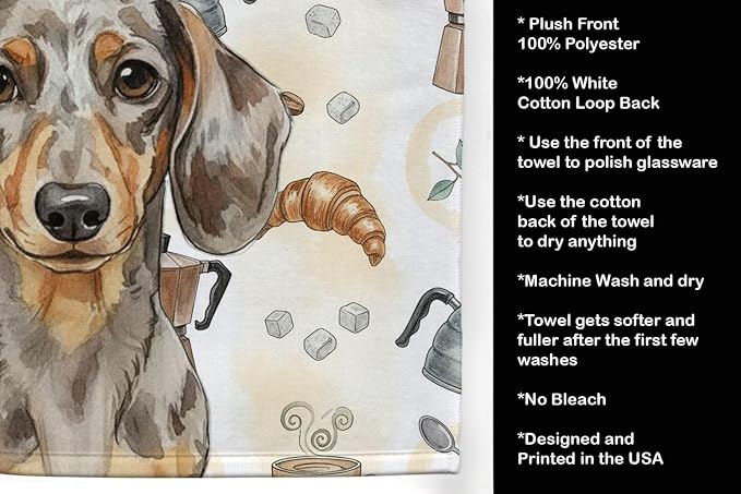 Caroline's Treasures Dapple Dachshund Coffee Bar Kitchen Towel Velour Plush Front and Cotton Loop Back Machine Washable