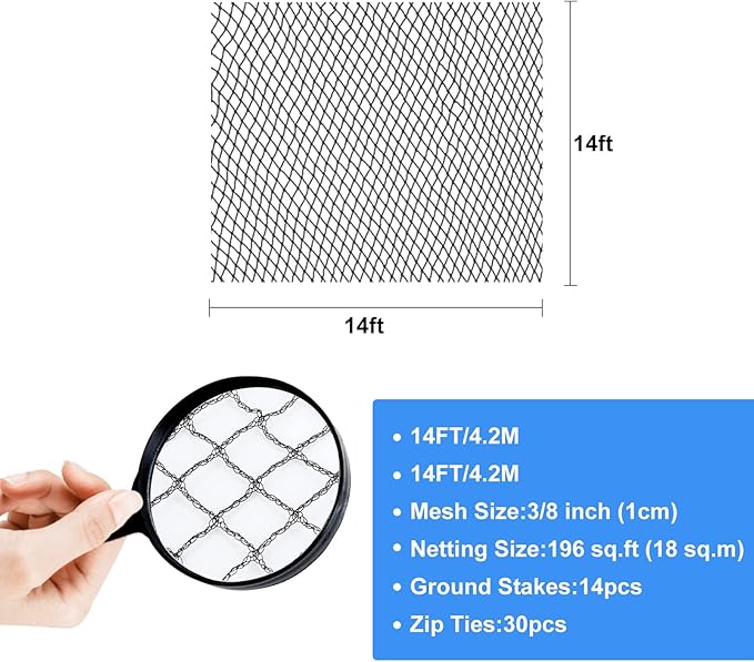 BUZIFU Pond Netting, 14 x 14 FT Pond Net for Koi Ponds, Garden Pool Fine Mesh Pond Netting for Leaves, Protects Koi Fish from Birds Cats Predators, with 14 Stakes and 30 Cable Zip Ties