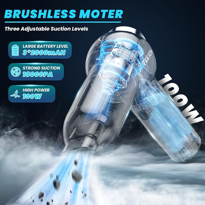 Car Vacuum Portable Cordless,Portable Mini Cordless Cleaner with 18000pa Suction Power,3 Suction Modes,Type-C Charge,7 in 1 mini Handheld Vacuum for Home,Car, Office Desk, Keyboards