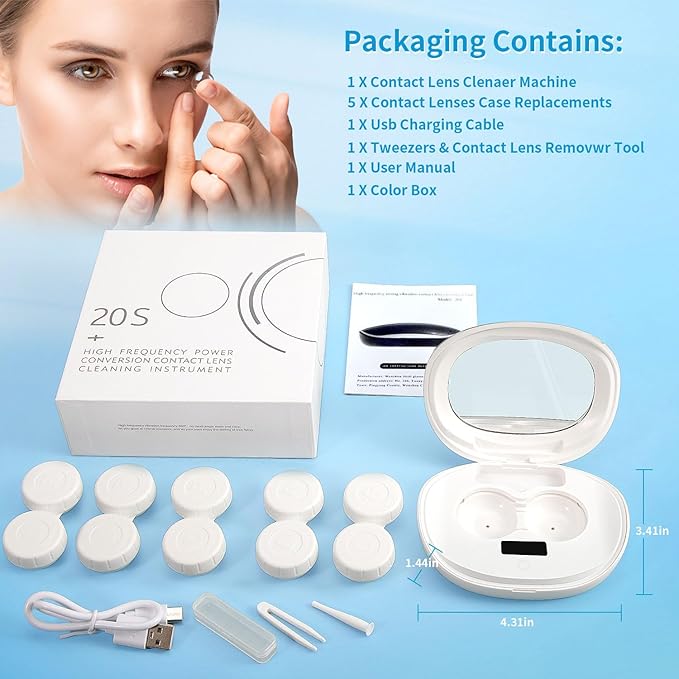Contact Lens Cleaner, Portable Ultrasonic Contact Lens Cleaning Machine with USB Charger, LED Timer Display & 5 Contacts Solution Cases Kit for Soft Hard Colored RGP Lenses (White)