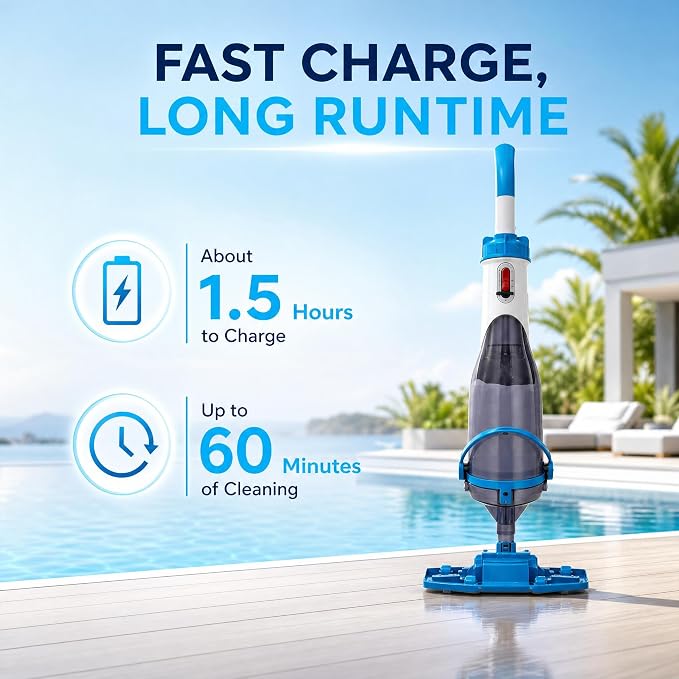 Cordless Handheld Pool Vacuum with Telescopic Pole, Rechargeable Pool Vacuum Cleaner, 18.5 GPM Strong Suction, Up to 60 Min Runtime, for Above Ground & Inground Pools, Hot Tubs & Spas