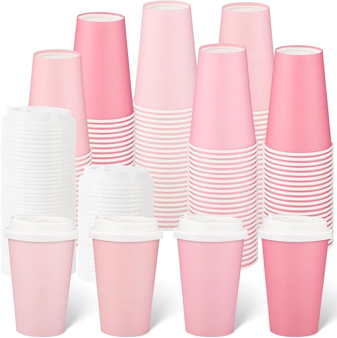 NatNarr 100 Pack Pink Coffee Cup with Lids Sleeves, 12oz Insulated To Go Paper Cups Gradient Pink Party Cups Disposable Paper Cups, Drinking Cup for Wedding Birthday Baby Shower Tea Party Supplies