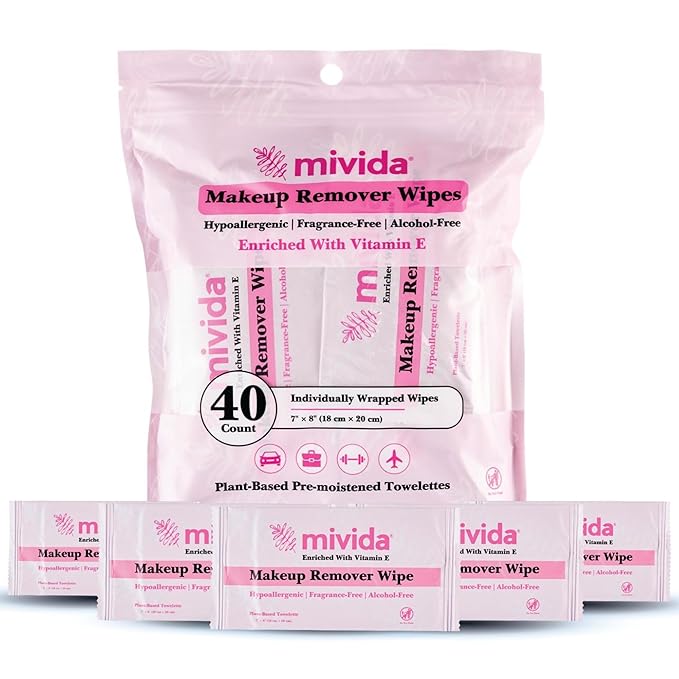 mivida 40 Count Hypoallergenic makeup wipes individually wrapped with Vitamin E | Dermatologist Tested Face Wipes | Alcohol-Free, Fragrance Free individual makeup remover wipes for Sensitive Skin