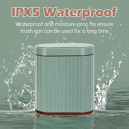 ELPHECO Bathroom Trash Can with Automatic Lid, 2 Gallon Sensor Trash Bin, Smart Garbage Can, IPX5 Waterproof Slim Trash Bin, Motion Sensor Wastebasket for Office, Kitchen, Sage Green Gold
