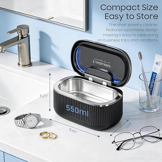 Ultrasonic Jewelry Cleaner Machine with 2×100ml Cleaning Solution, 45kHz Sonic Cleaner for Rings, Glasses & Watch Band, 550ML Stainless Steel Tank, 5 Timer, 3 Power Levels, Degas Mode-Black