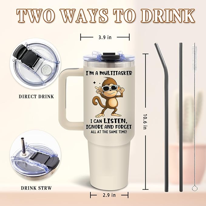DUUV Multitasker Tumbler 40 Oz, Funny Monkey Design, Stainless Steel Insulated Mug with Humorous Multitasking Quote, Christmas Thanksgiving Gift for Busy Individuals, Co-Workers, and Friends, 1PCS