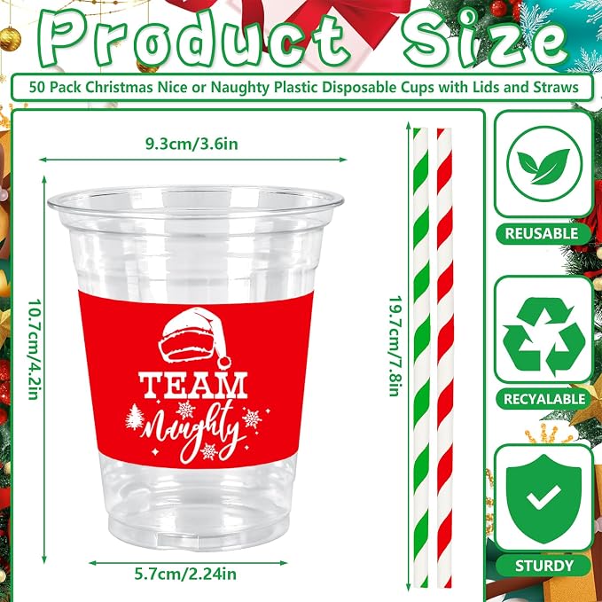 JarThenaAMCS 50Pcs 12Oz Christmas Plastic Cups with Lids & Straws Team Nice or Naughty Disposable Clear Drinking Cups for Winter Xmas Party Supplies
