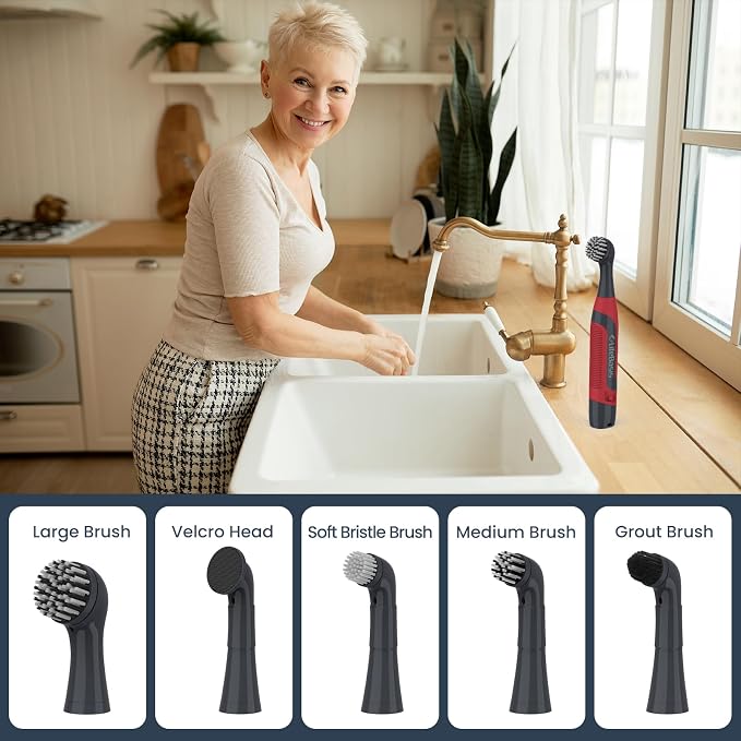 LifeBasis Cordless Electric Cleaning Brush, Mini Power Scrubber for Cleaning Waterproof Grout with 5 Brush Heads for Bathroom Kitchen Tile Crevice Corner - Red (Batteries Included)