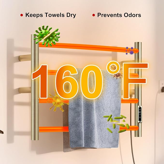 Heated Towel Racks for Bathroom, Wall Mounted Electric Towel Warmer Racks with Timer & Temperature Control,Heater for Bathroom, Brushed (Round-Brushed Gold, 4 Bars)