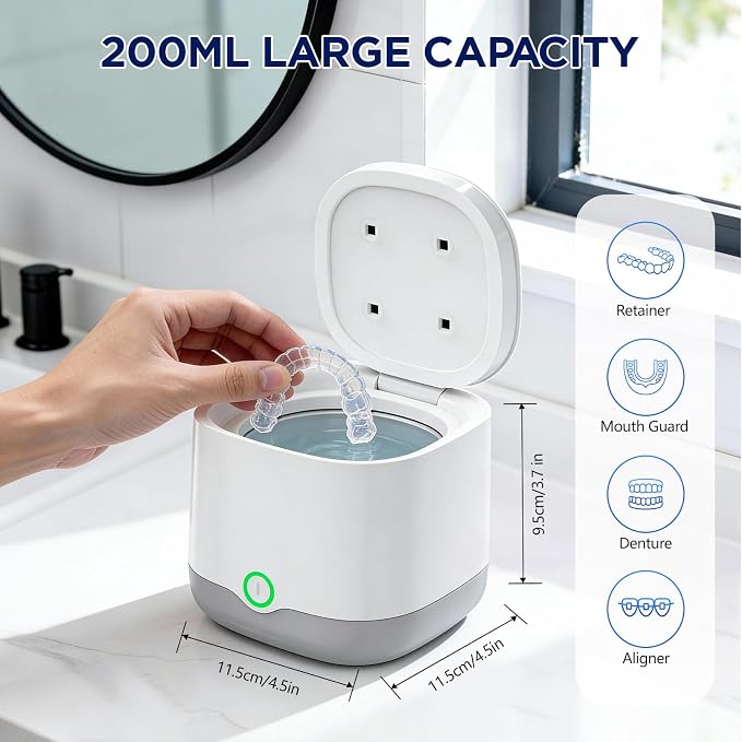 Ultrasonic Retainer Cleaner Machine, 45kHz Rechargeable Cordless Denture Cleaner for Aligners, Night Guards & Mouth Guards, 200ML Dental Cleaning Pod with 3 Cleaning Modes and 6 Cleaning Tablets