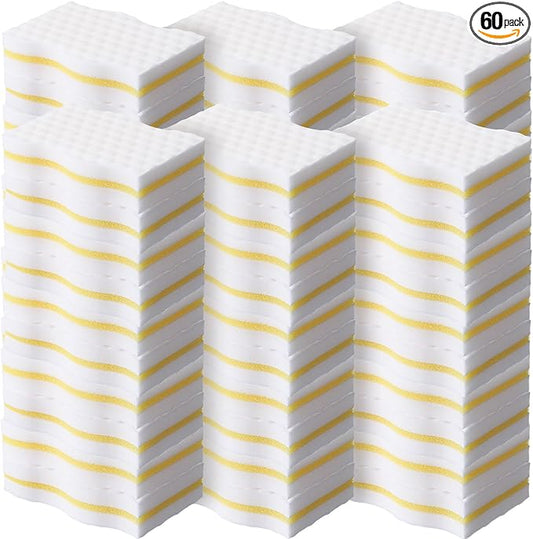 SiliFine 60 Pack Magic Extra Durable Sponge Eraser 3 Layer Density Cleaning Pads in Bulk Thick More Lasting Sponge Eraser for Bathroom Kitchen Floor Bathtub Toilet Cleaner(Yellow and White)