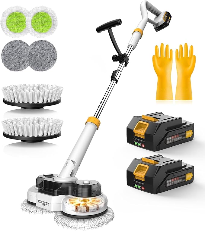 qimedo 6000mAh Battery Electric Mop with 12 Replacement pad and Brush Head, 800RPM Cordless Electric Power Scrubber & Mops for Floor Cleaning, Best Automatic Spin Mops with Smart Display