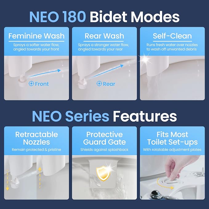 LUXE Bidet NEO 180 White, Toilet Seat Bumpers, and Shut-off Valve T-Adapter Bundle