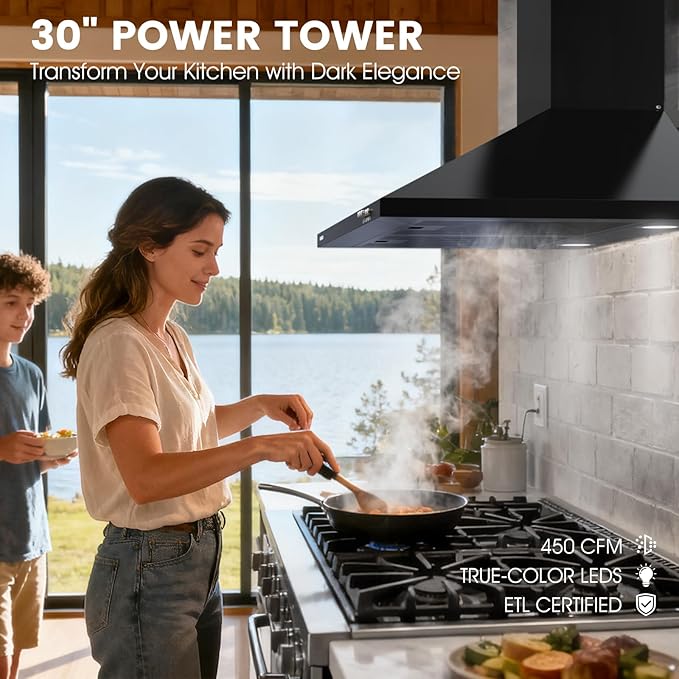 Black Range Hood 30 inch | 450CFM Wall Mount Kitchen Hood | TRUE-COLOR 5500K LEDs, Steel Baffle Filters, Ducted/Ductless Convertible (Charcoal Included)