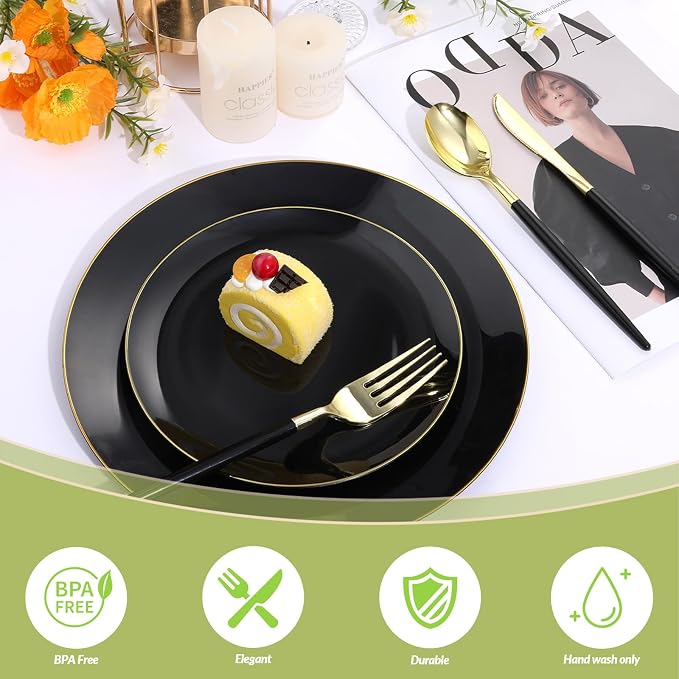 Goodluck 150 PCS Black Gold Plastic Silverware Set for 50 Guests,50 Knives, 50 Forks and 50 Spoons, Food-grade material free of BPA, Gold Plastic Cutlery Ideal for Weddings, Birthdays, Graduation