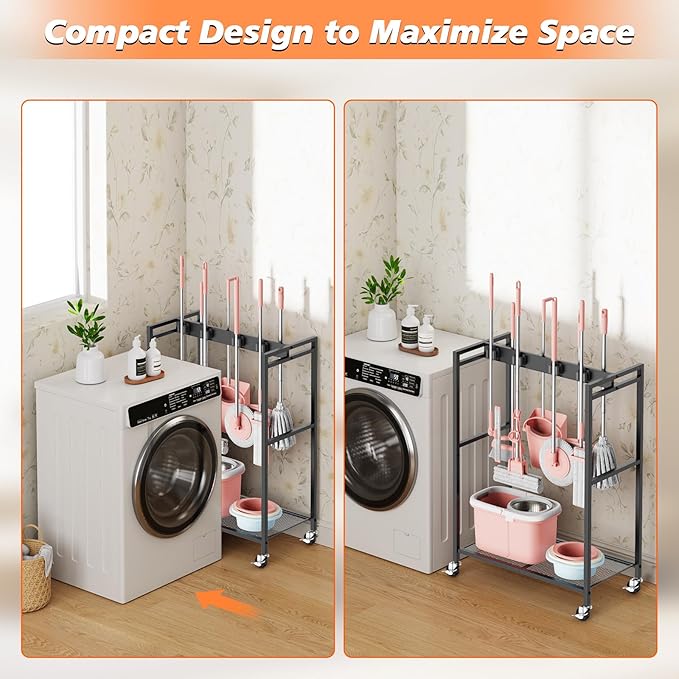 Broom and Mop Holder, MUNNAR Broom Closet Storage Cabinet, Cleaning Cart with Broom and Mop Hanger, Janitorial Cart with Wheels for Household, Laundry Room Organization